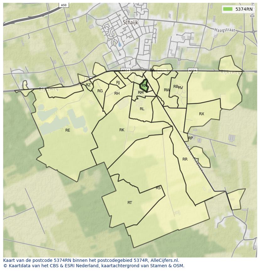 Afbeelding van het postcodegebied 5374 RN op de kaart.