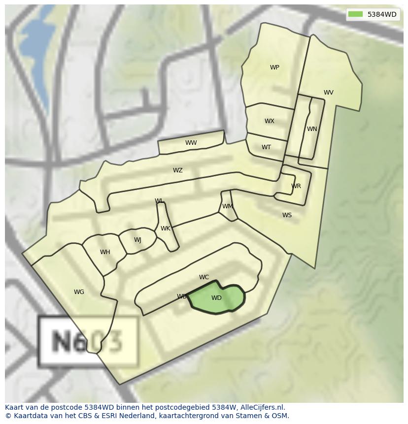 Afbeelding van het postcodegebied 5384 WD op de kaart.