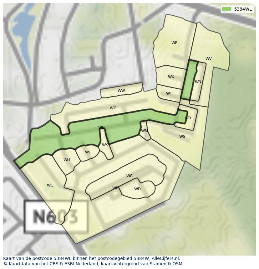 Afbeelding van het postcodegebied 5384 WL op de kaart.