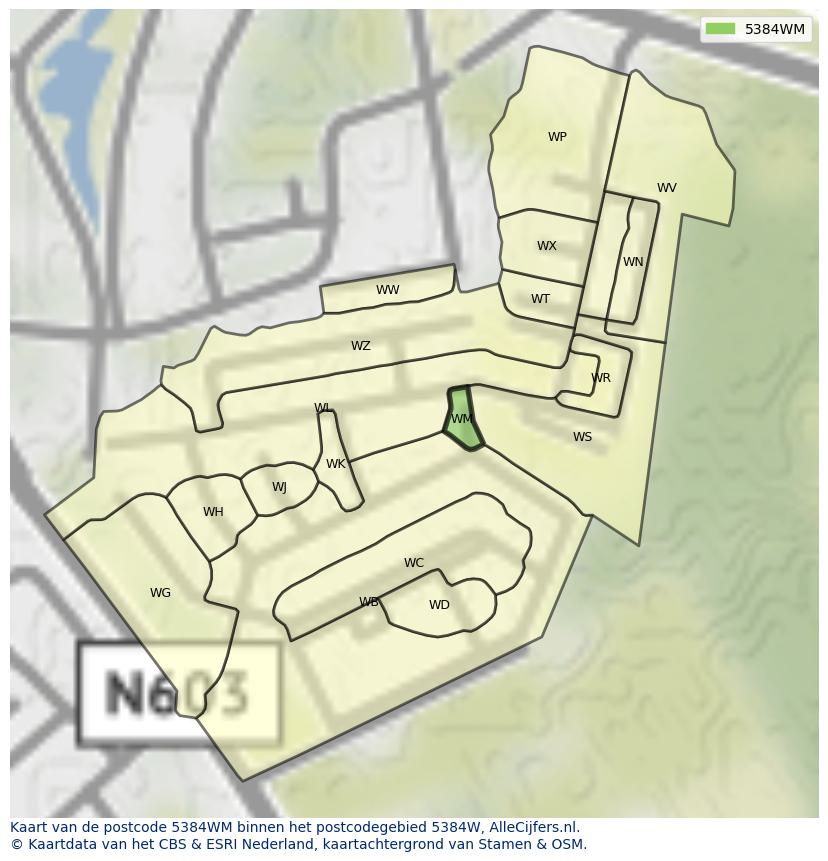 Afbeelding van het postcodegebied 5384 WM op de kaart.