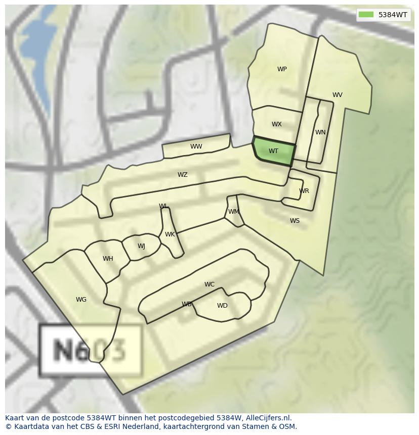 Afbeelding van het postcodegebied 5384 WT op de kaart.