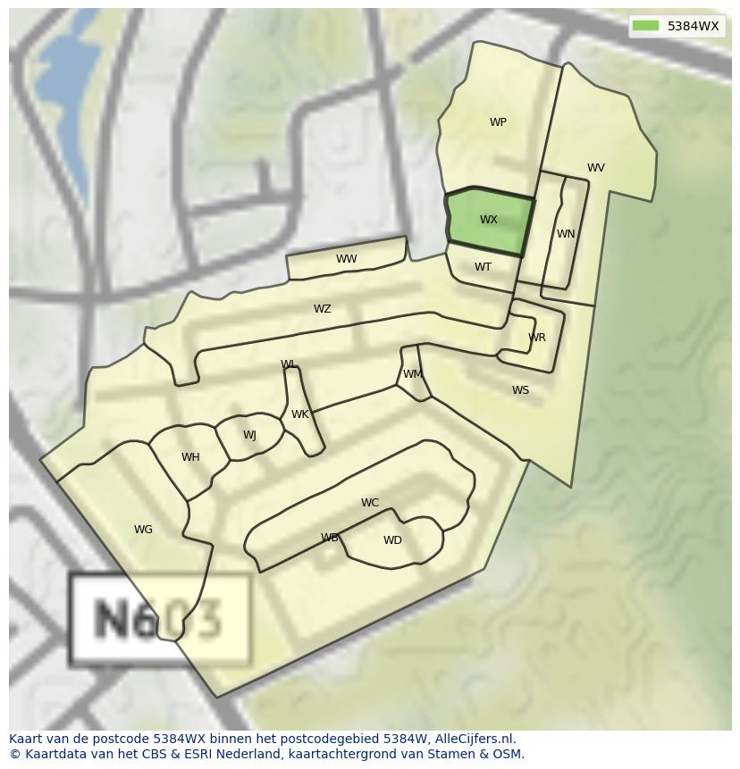 Afbeelding van het postcodegebied 5384 WX op de kaart.