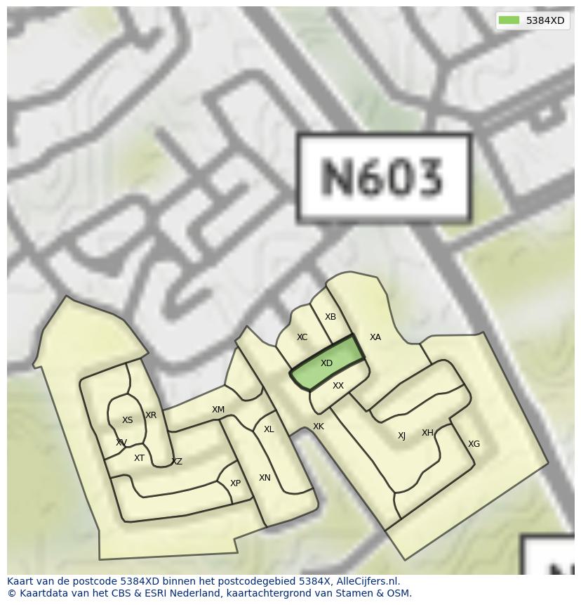 Afbeelding van het postcodegebied 5384 XD op de kaart.