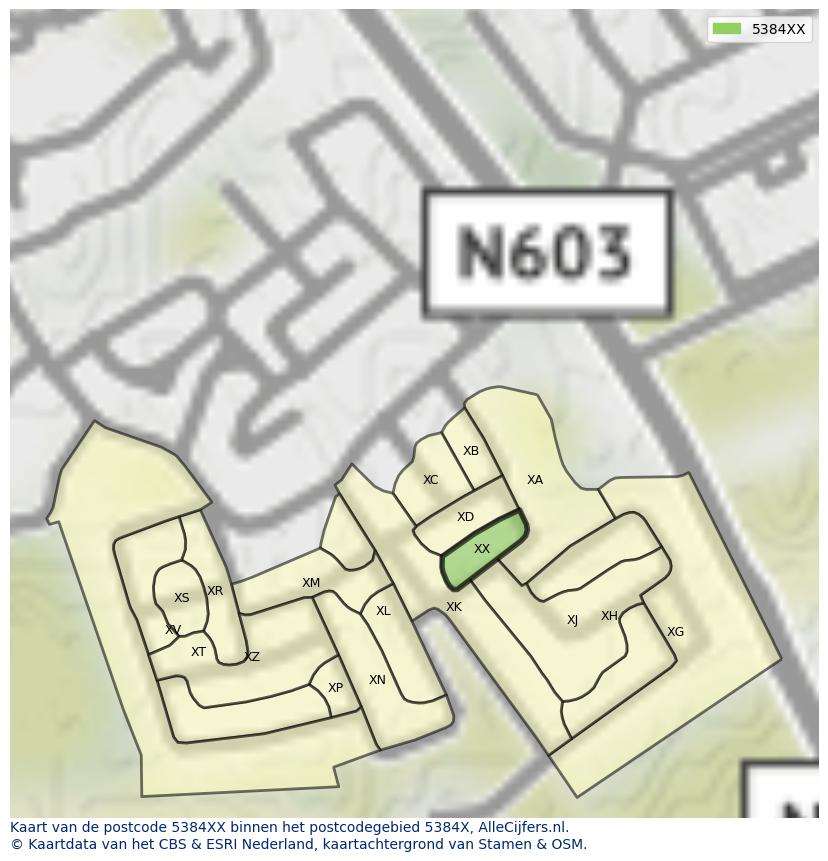 Afbeelding van het postcodegebied 5384 XX op de kaart.