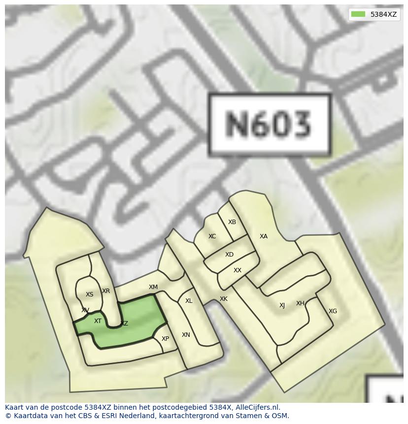 Afbeelding van het postcodegebied 5384 XZ op de kaart.