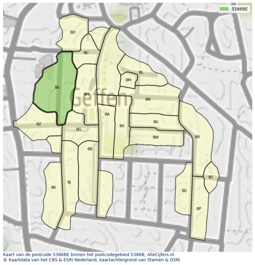 Afbeelding van het postcodegebied 5386 BE op de kaart.