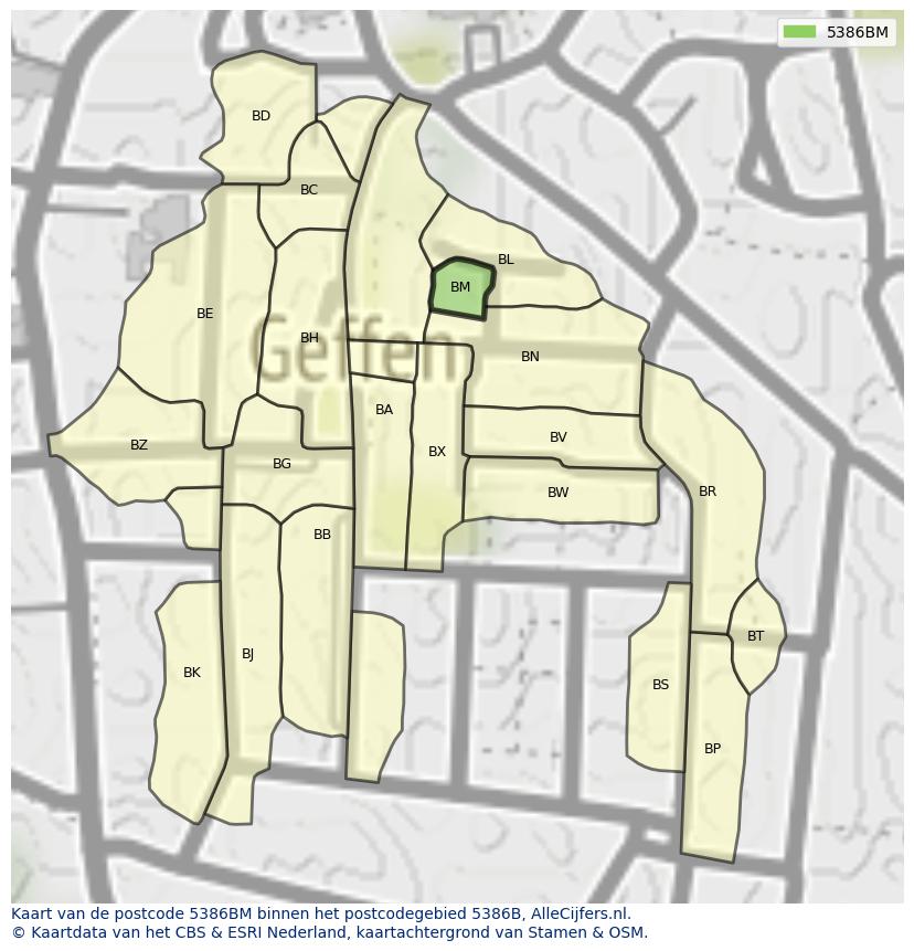 Afbeelding van het postcodegebied 5386 BM op de kaart.
