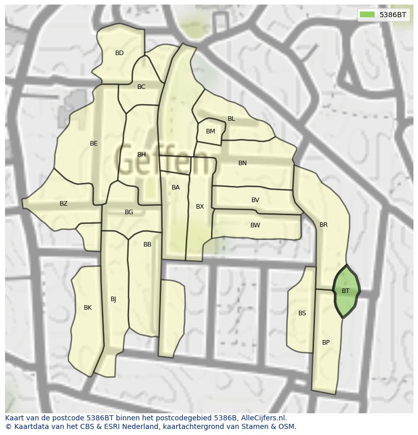 Afbeelding van het postcodegebied 5386 BT op de kaart.