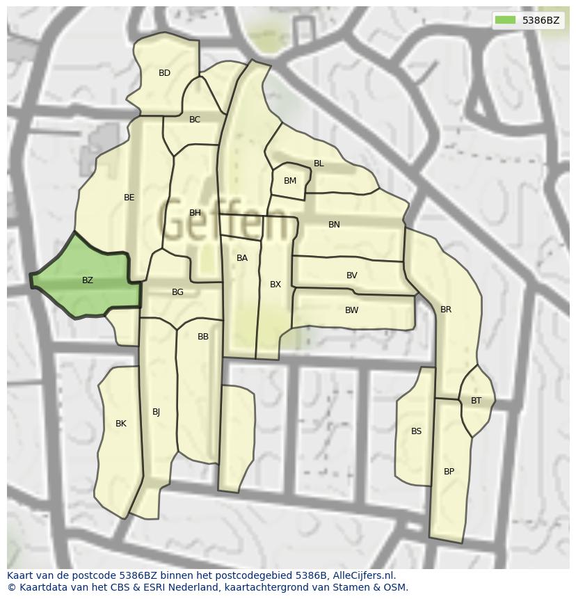 Afbeelding van het postcodegebied 5386 BZ op de kaart.