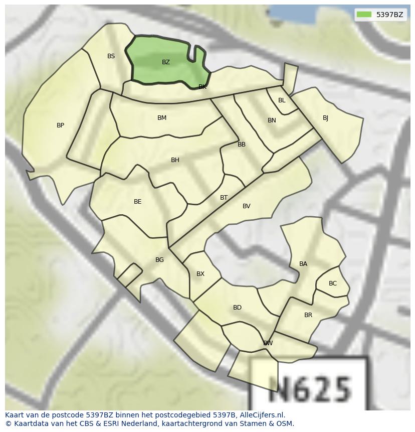 Afbeelding van het postcodegebied 5397 BZ op de kaart.