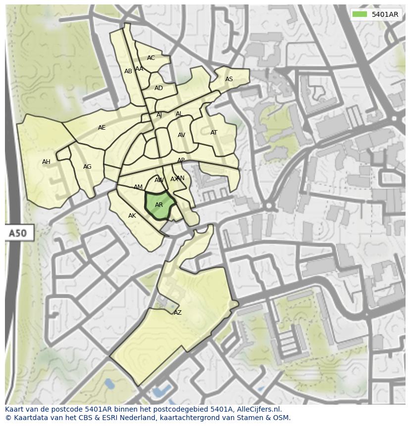 Afbeelding van het postcodegebied 5401 AR op de kaart.