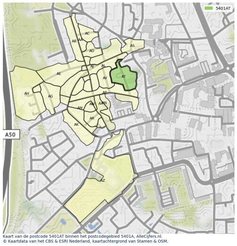 Afbeelding van het postcodegebied 5401 AT op de kaart.
