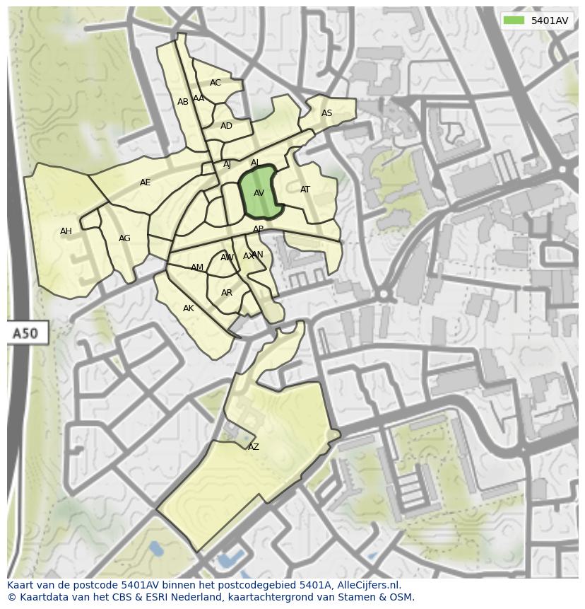 Afbeelding van het postcodegebied 5401 AV op de kaart.