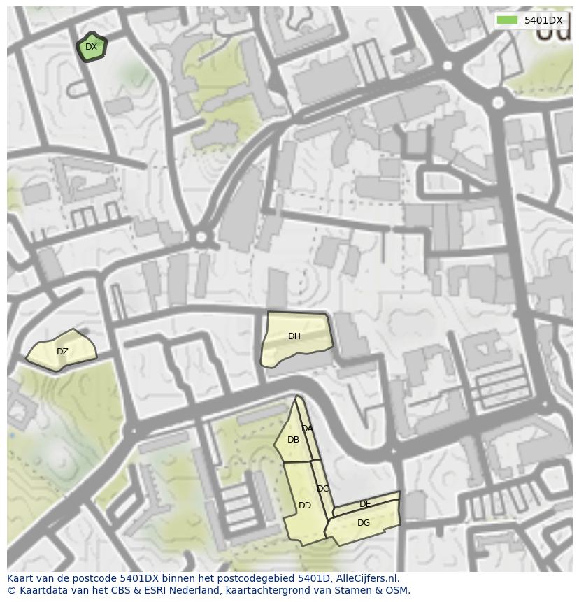 Afbeelding van het postcodegebied 5401 DX op de kaart.