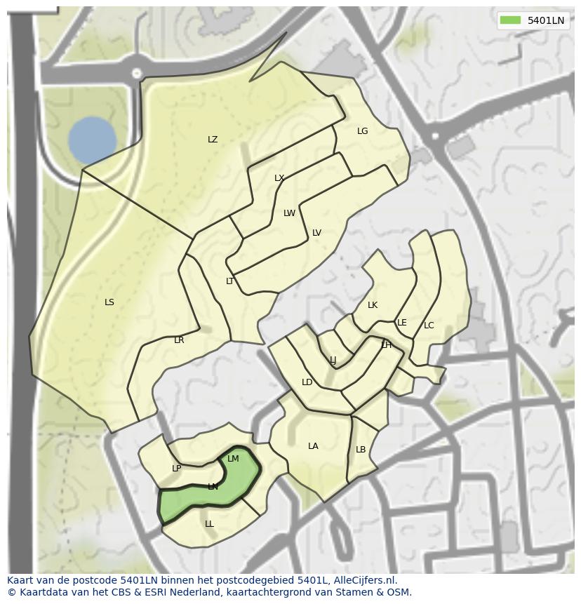 Afbeelding van het postcodegebied 5401 LN op de kaart.