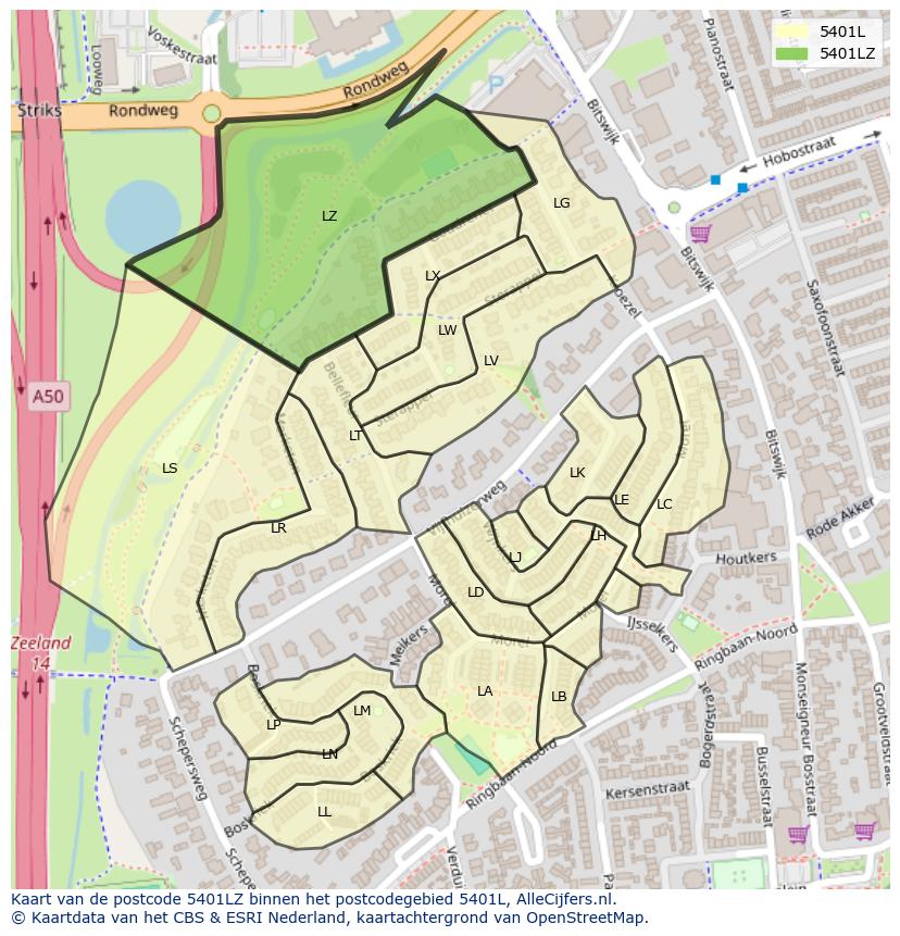 Afbeelding van het postcodegebied 5401 LZ op de kaart.