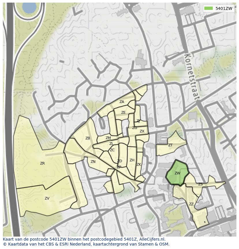 Afbeelding van het postcodegebied 5401 ZW op de kaart.