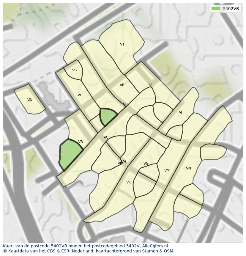 Afbeelding van het postcodegebied 5402 VB op de kaart.