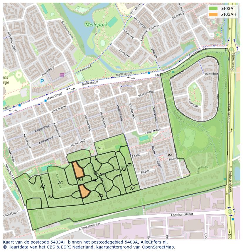 Afbeelding van het postcodegebied 5403 AH op de kaart.