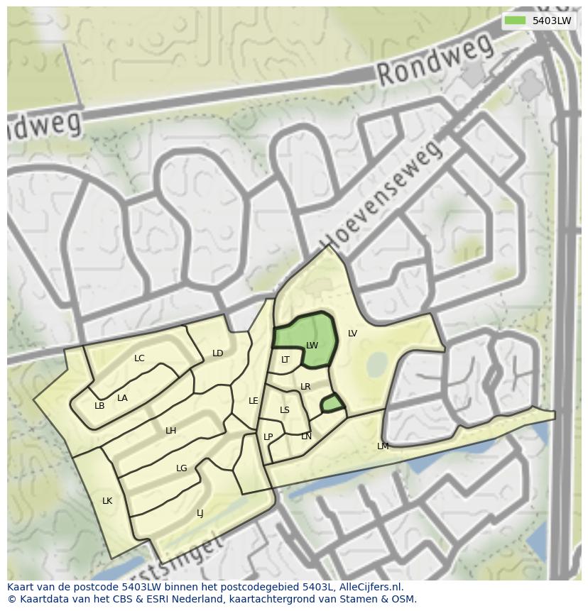 Afbeelding van het postcodegebied 5403 LW op de kaart.
