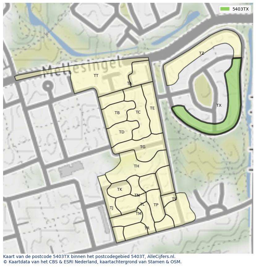 Afbeelding van het postcodegebied 5403 TX op de kaart.