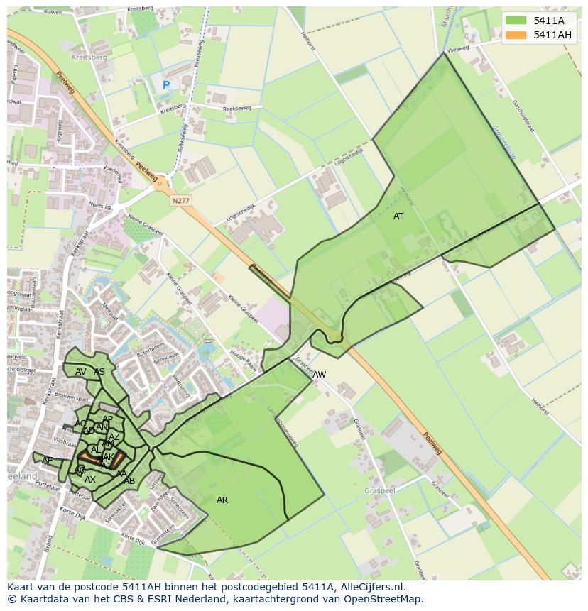 Afbeelding van het postcodegebied 5411 AH op de kaart.