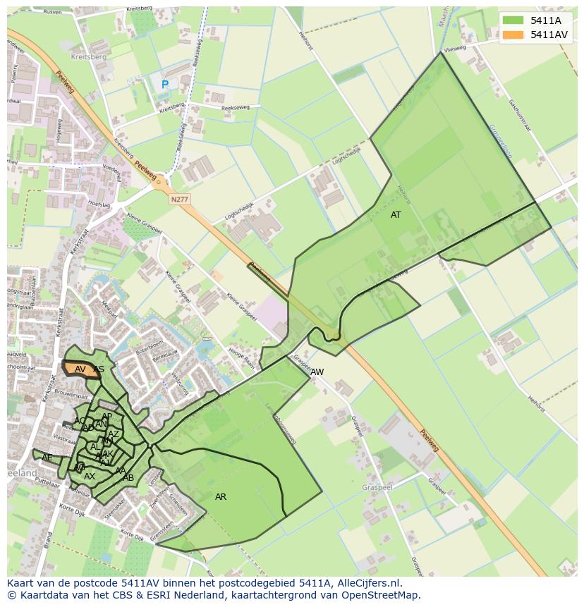 Afbeelding van het postcodegebied 5411 AV op de kaart.