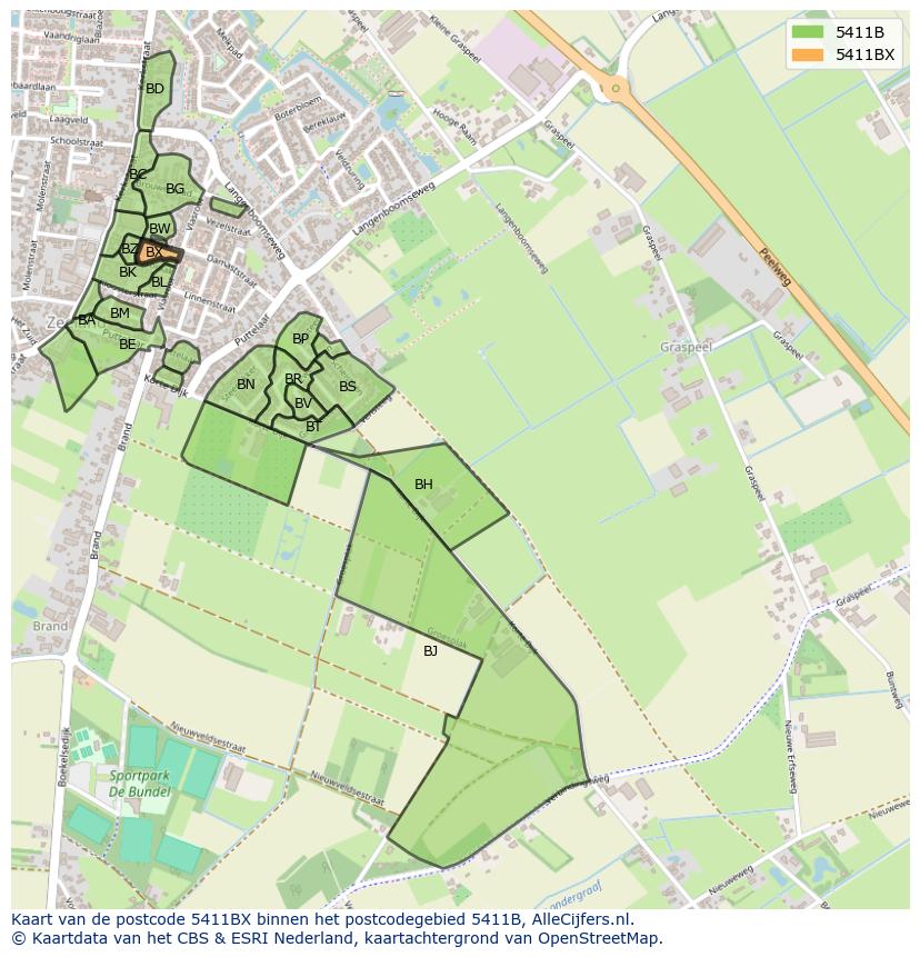 Afbeelding van het postcodegebied 5411 BX op de kaart.