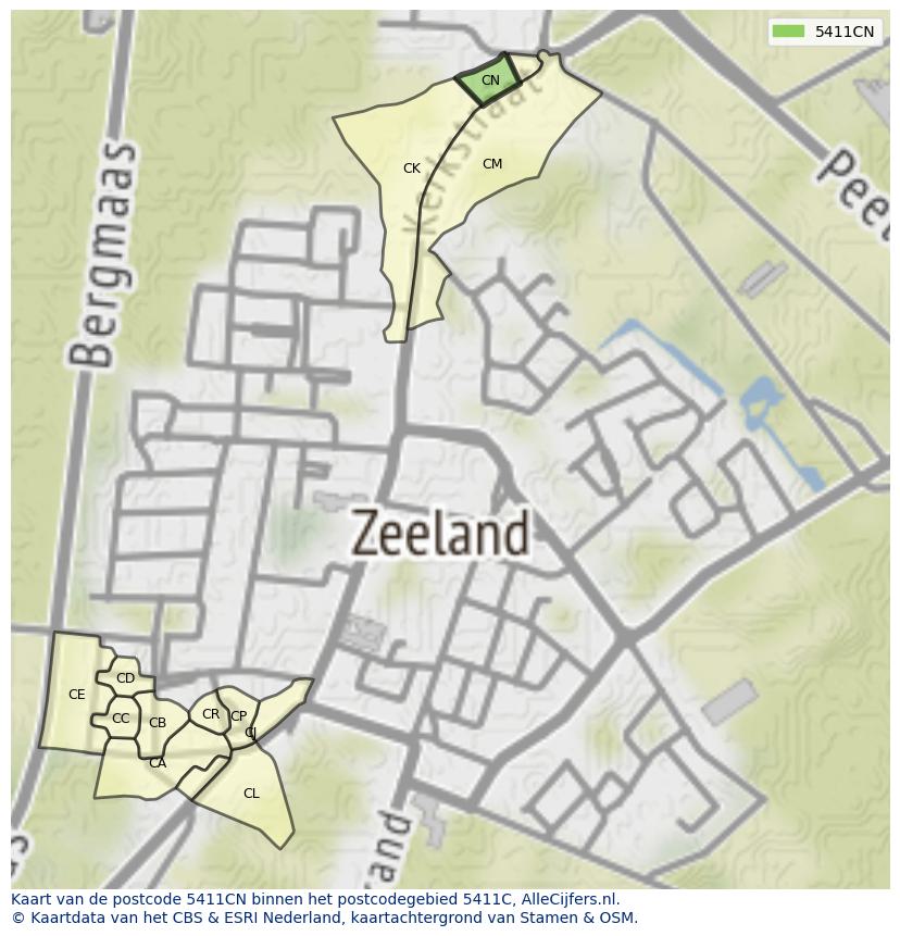 Afbeelding van het postcodegebied 5411 CN op de kaart.