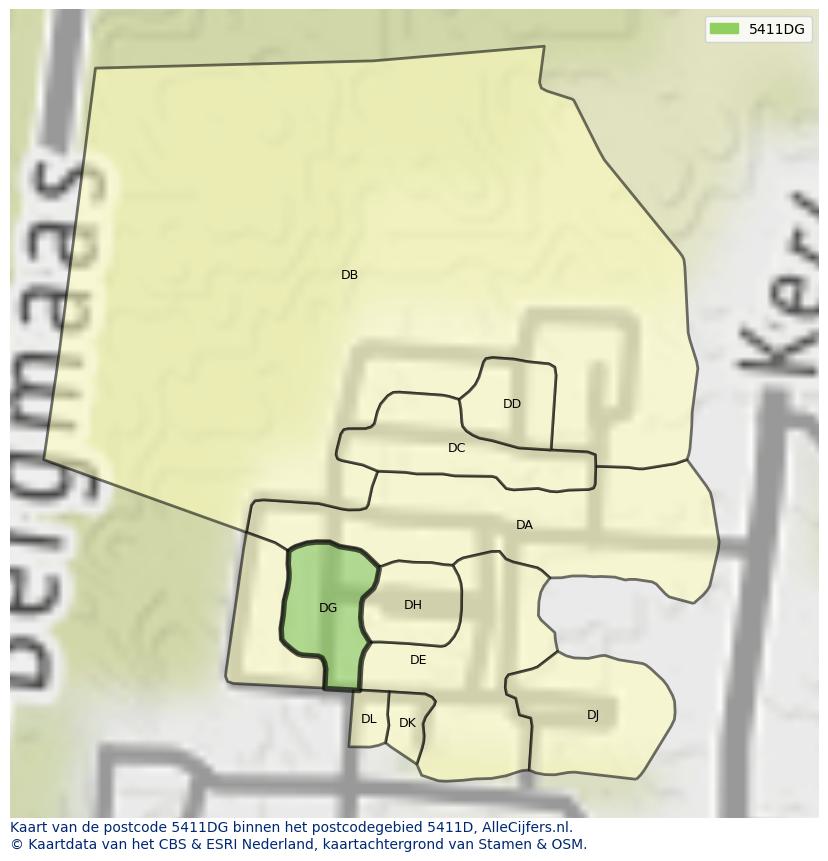 Afbeelding van het postcodegebied 5411 DG op de kaart.