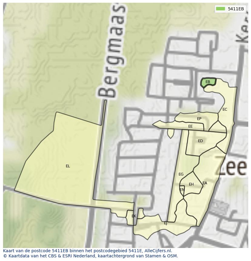 Afbeelding van het postcodegebied 5411 EB op de kaart.