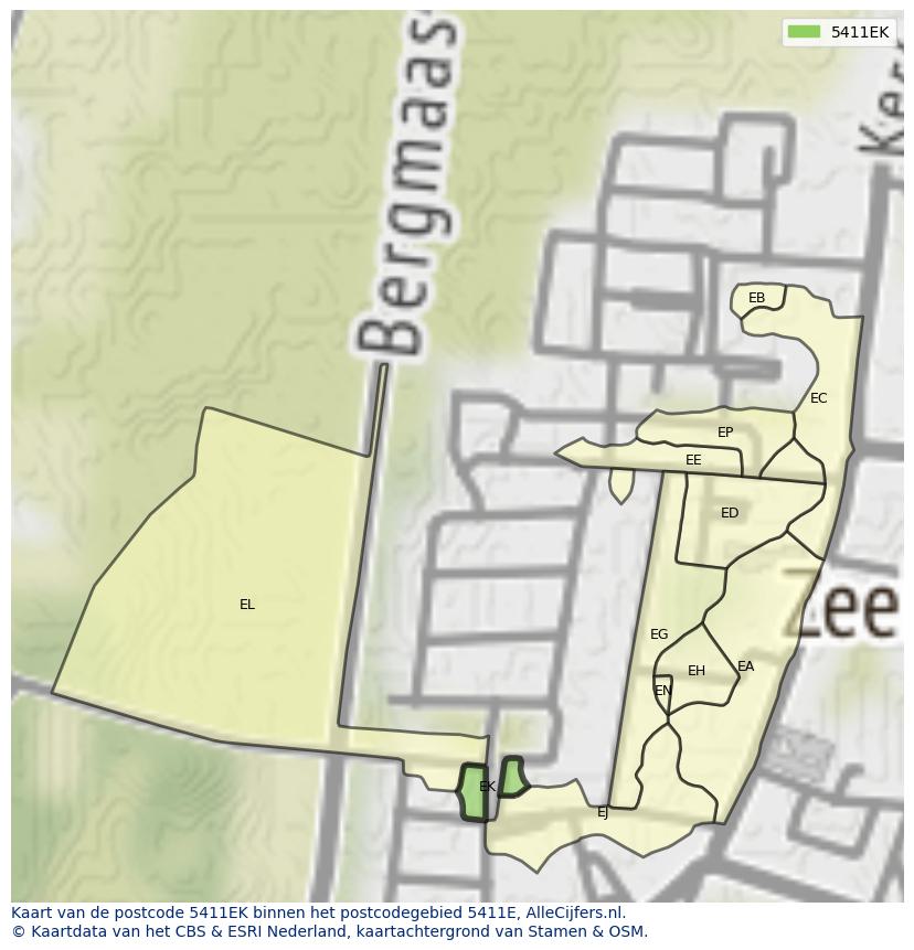 Afbeelding van het postcodegebied 5411 EK op de kaart.