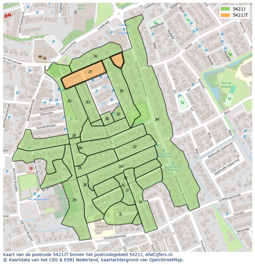 Afbeelding van het postcodegebied 5421 JT op de kaart.