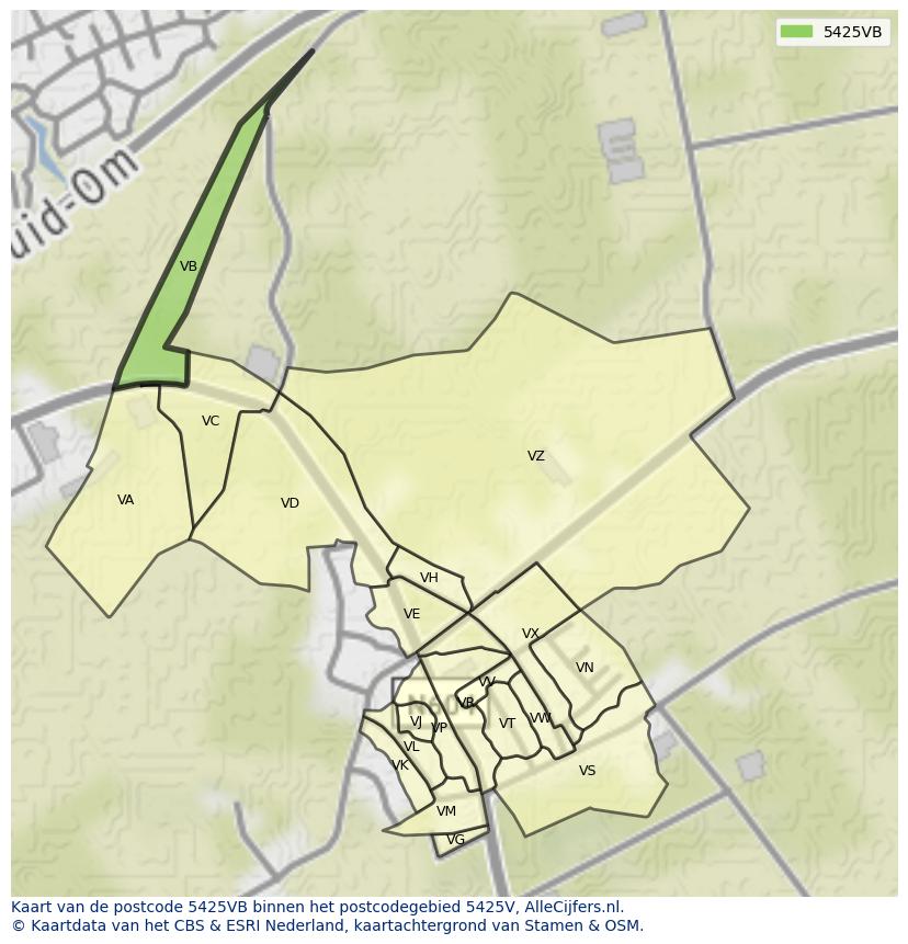 Afbeelding van het postcodegebied 5425 VB op de kaart.