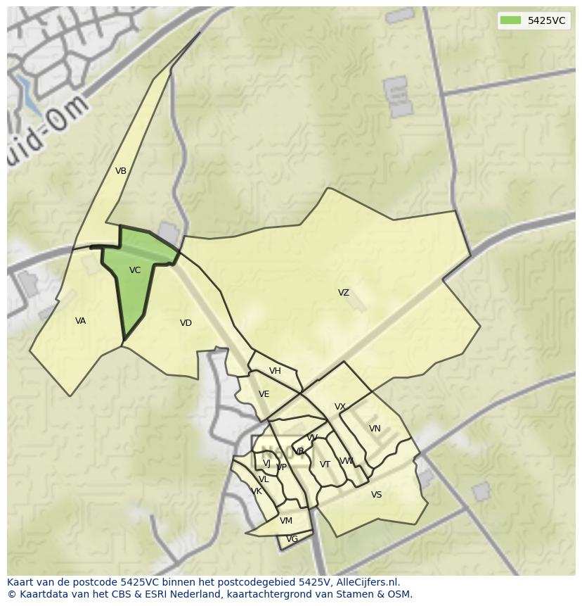 Afbeelding van het postcodegebied 5425 VC op de kaart.
