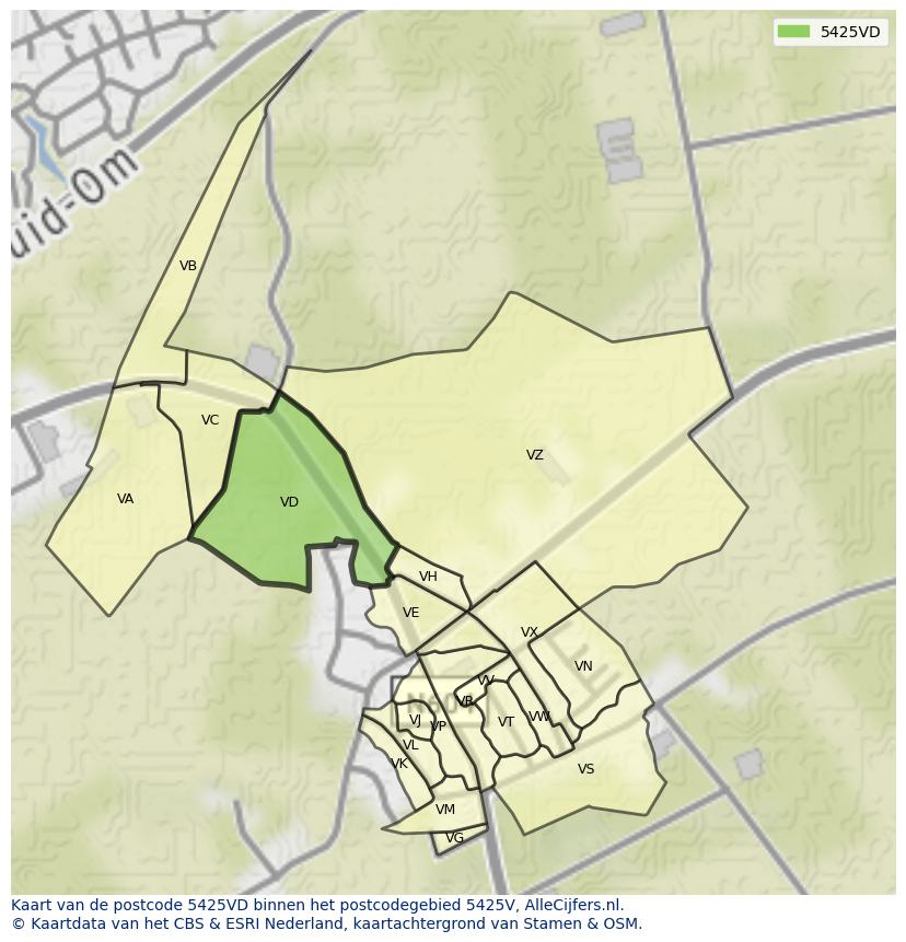 Afbeelding van het postcodegebied 5425 VD op de kaart.
