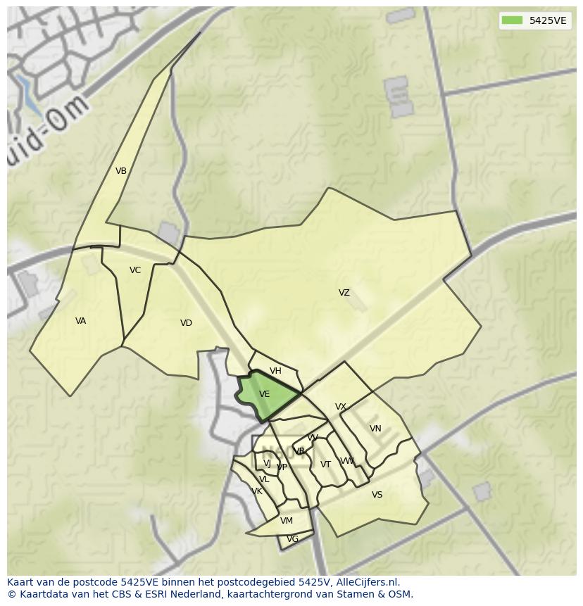 Afbeelding van het postcodegebied 5425 VE op de kaart.