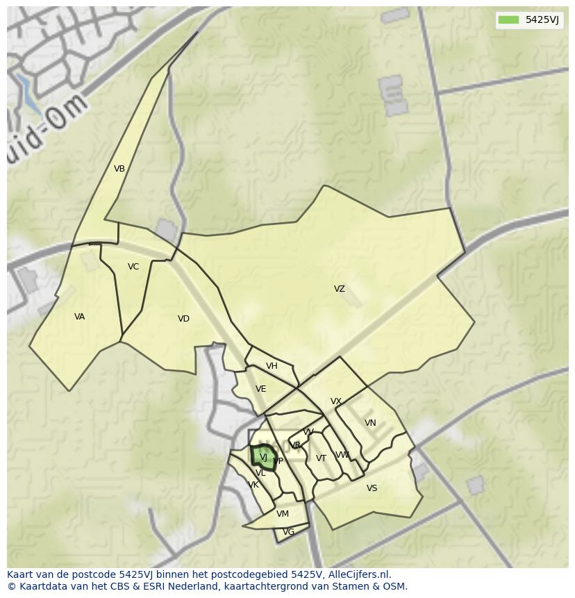 Afbeelding van het postcodegebied 5425 VJ op de kaart.