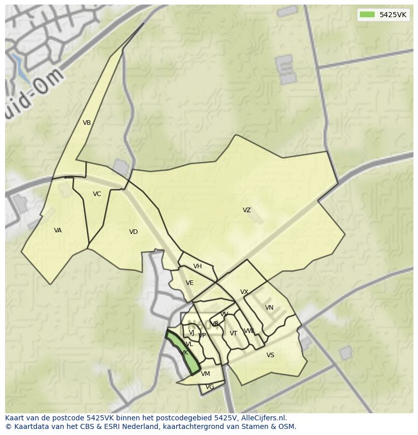 Afbeelding van het postcodegebied 5425 VK op de kaart.