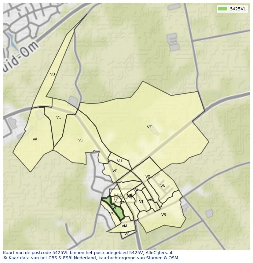 Afbeelding van het postcodegebied 5425 VL op de kaart.