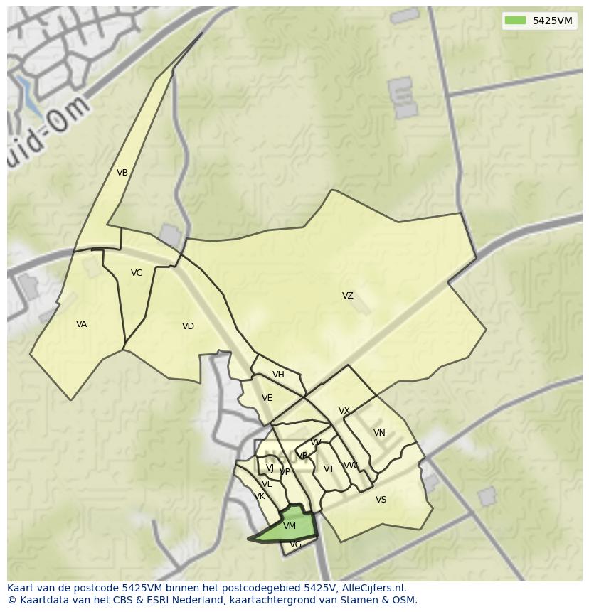 Afbeelding van het postcodegebied 5425 VM op de kaart.