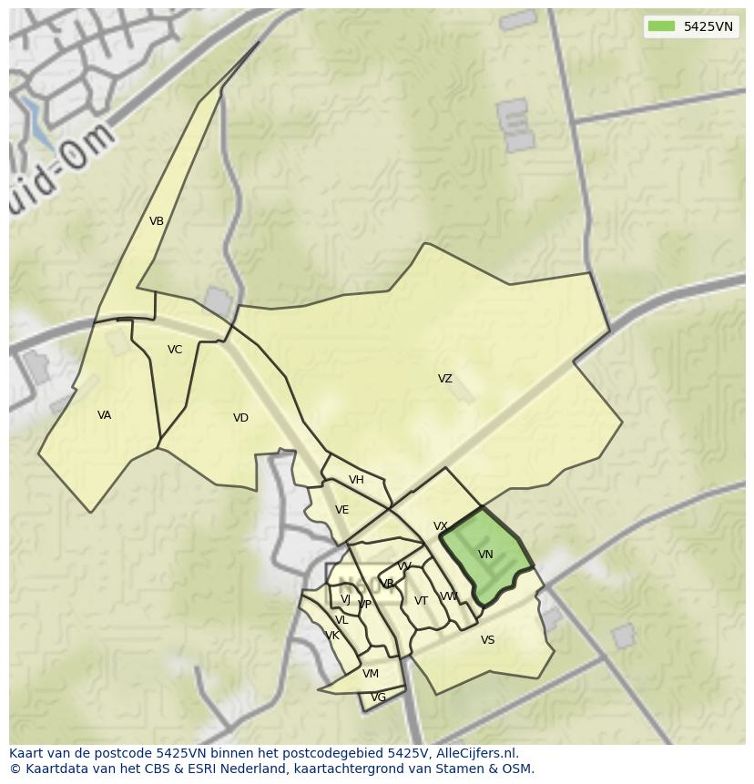 Afbeelding van het postcodegebied 5425 VN op de kaart.