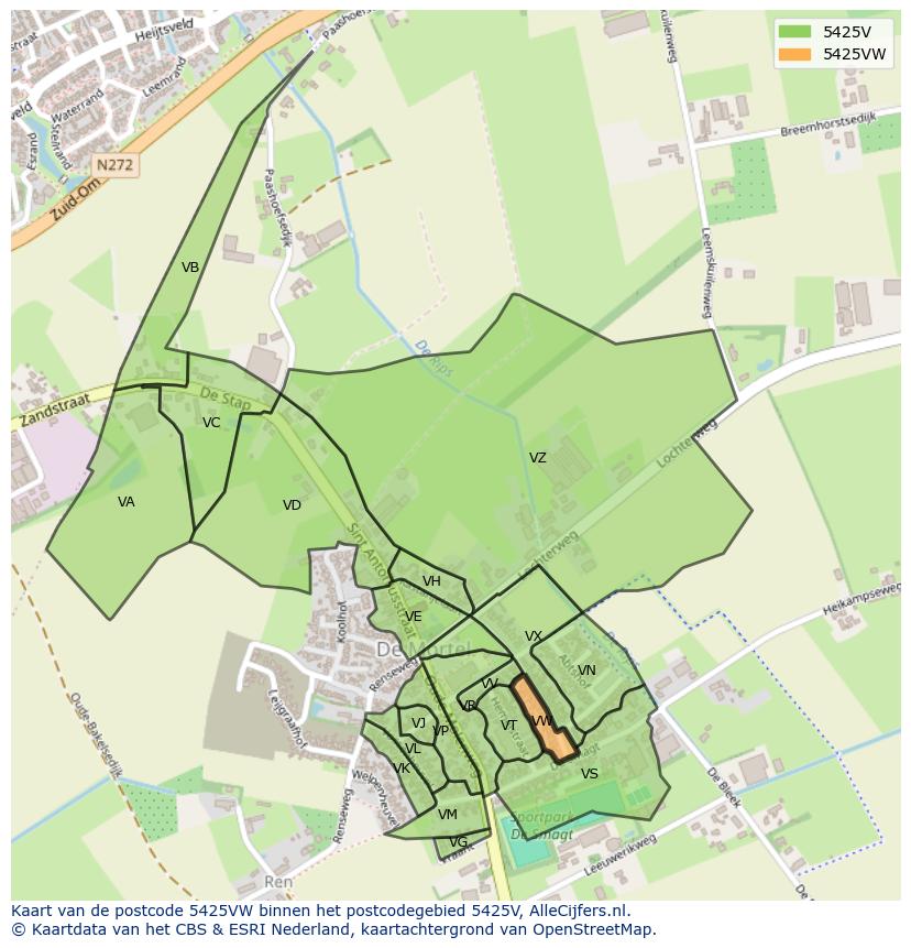 Afbeelding van het postcodegebied 5425 VW op de kaart.