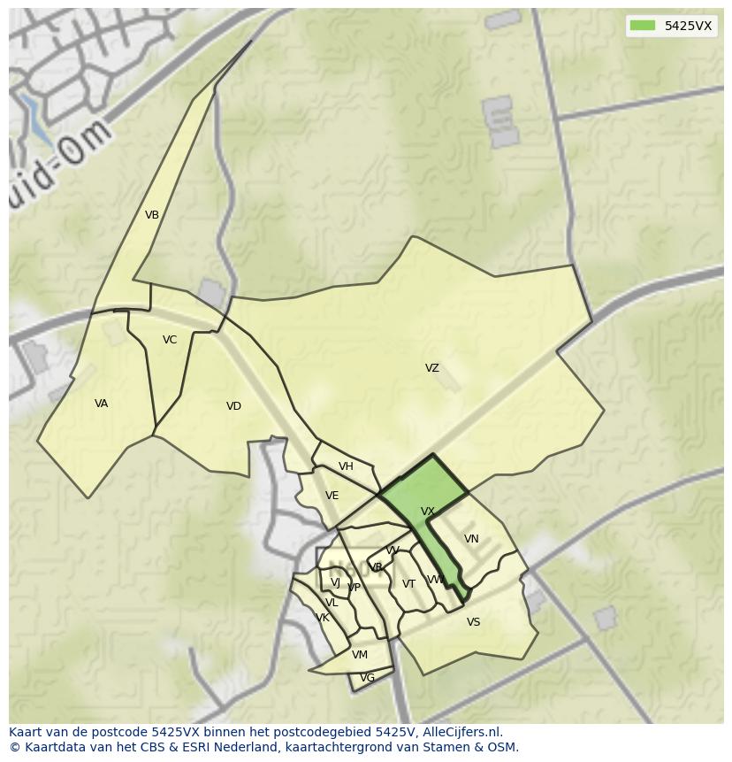 Afbeelding van het postcodegebied 5425 VX op de kaart.