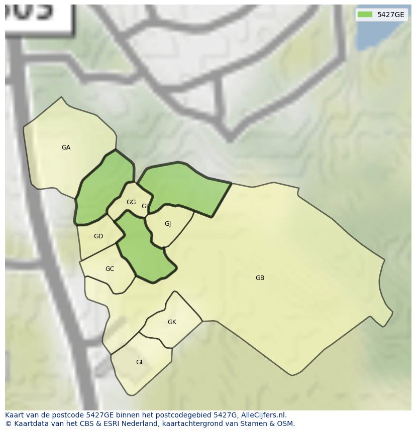 Afbeelding van het postcodegebied 5427 GE op de kaart.