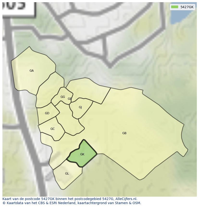 Afbeelding van het postcodegebied 5427 GK op de kaart.