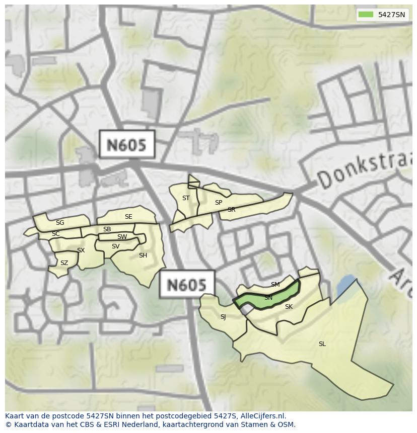 Afbeelding van het postcodegebied 5427 SN op de kaart.