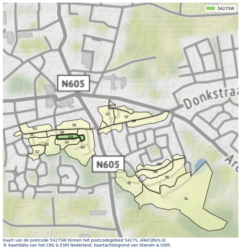 Afbeelding van het postcodegebied 5427 SW op de kaart.