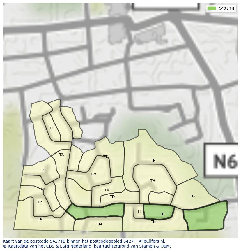 Afbeelding van het postcodegebied 5427 TB op de kaart.