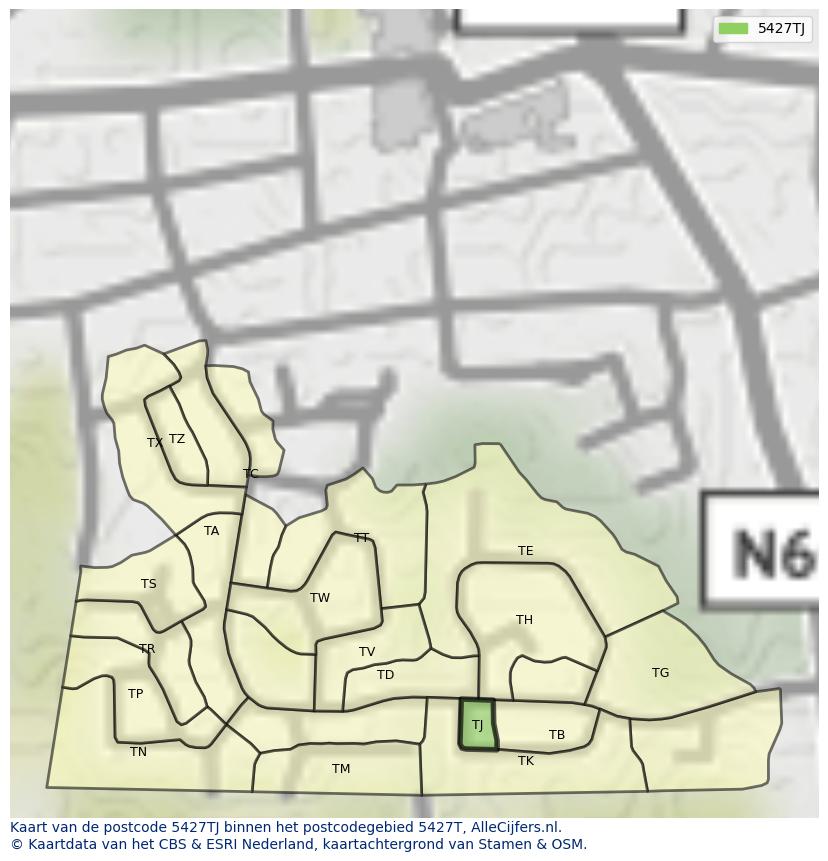 Afbeelding van het postcodegebied 5427 TJ op de kaart.